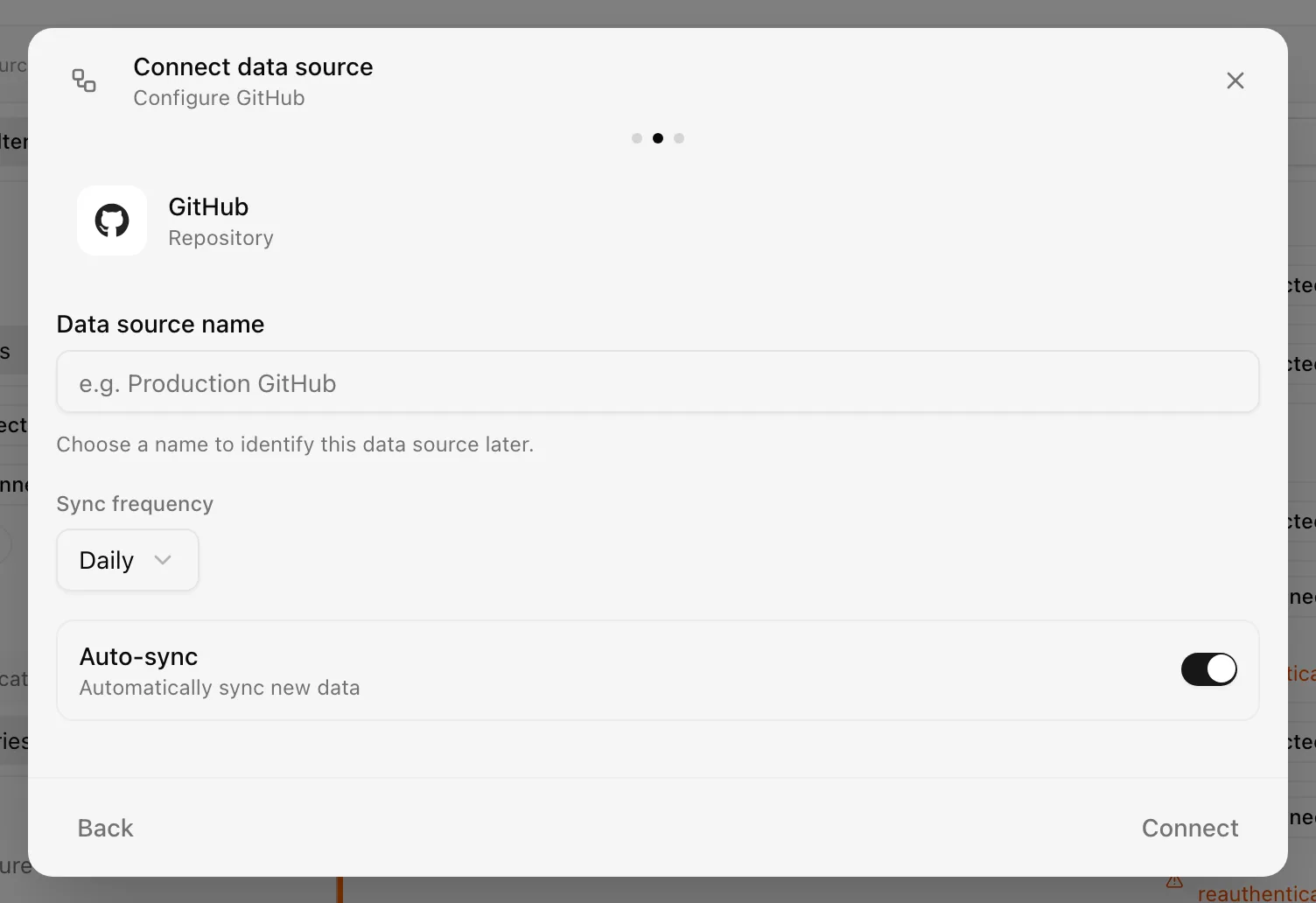 Connect data source dialog on the configure step for GitHub with Data source name, Sync frequency, and Auto-sync