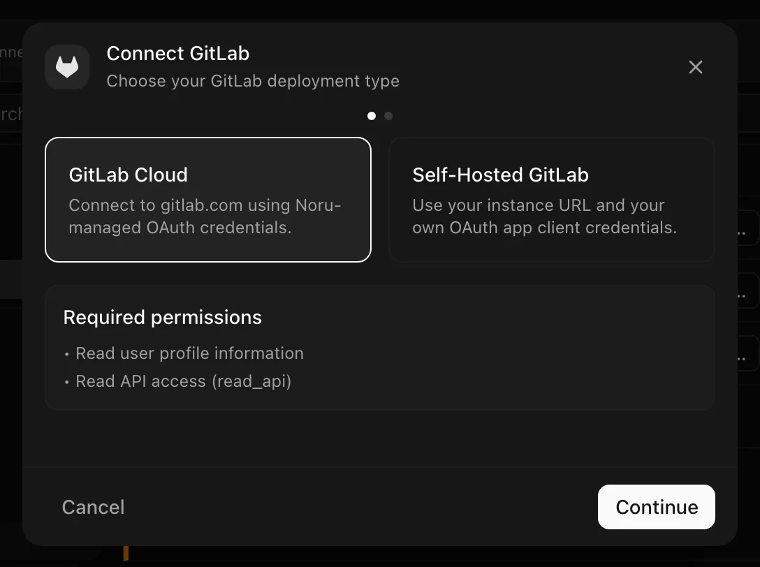 Connect GitLab dialog step one with GitLab Cloud and Self-Hosted GitLab cards and the Required permissions list