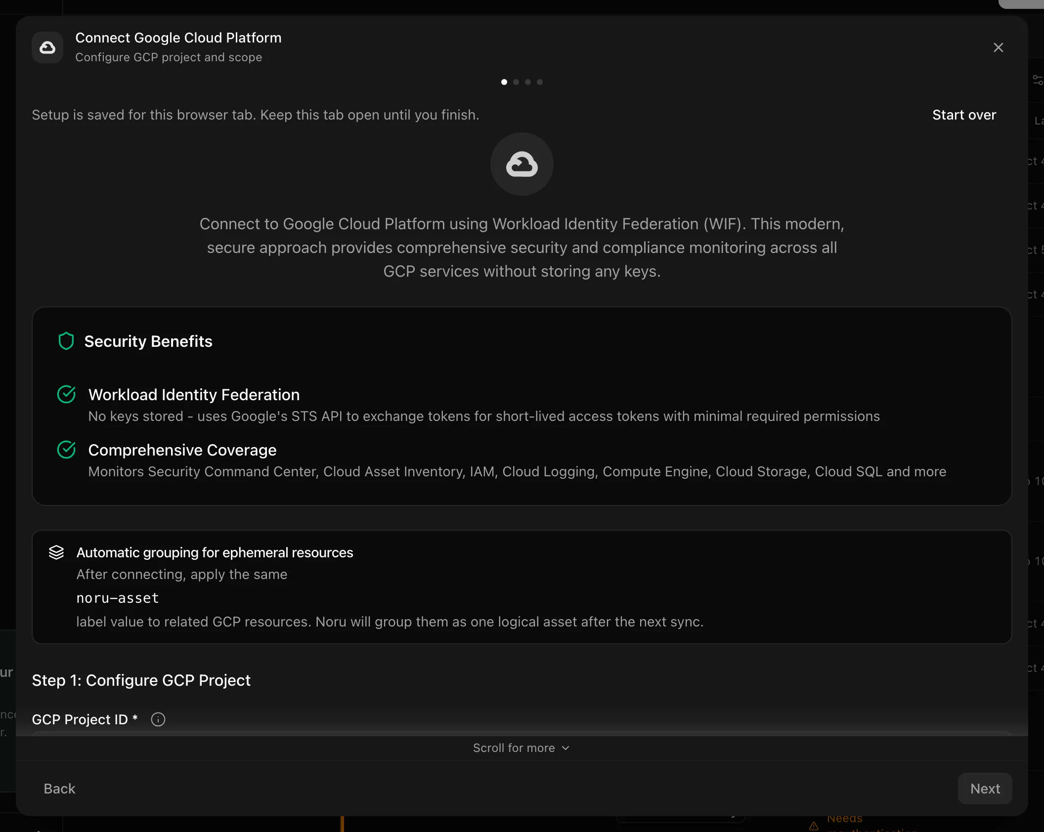 Connect Google Cloud Platform dialog on the WIF Setup step with the Copy Script button