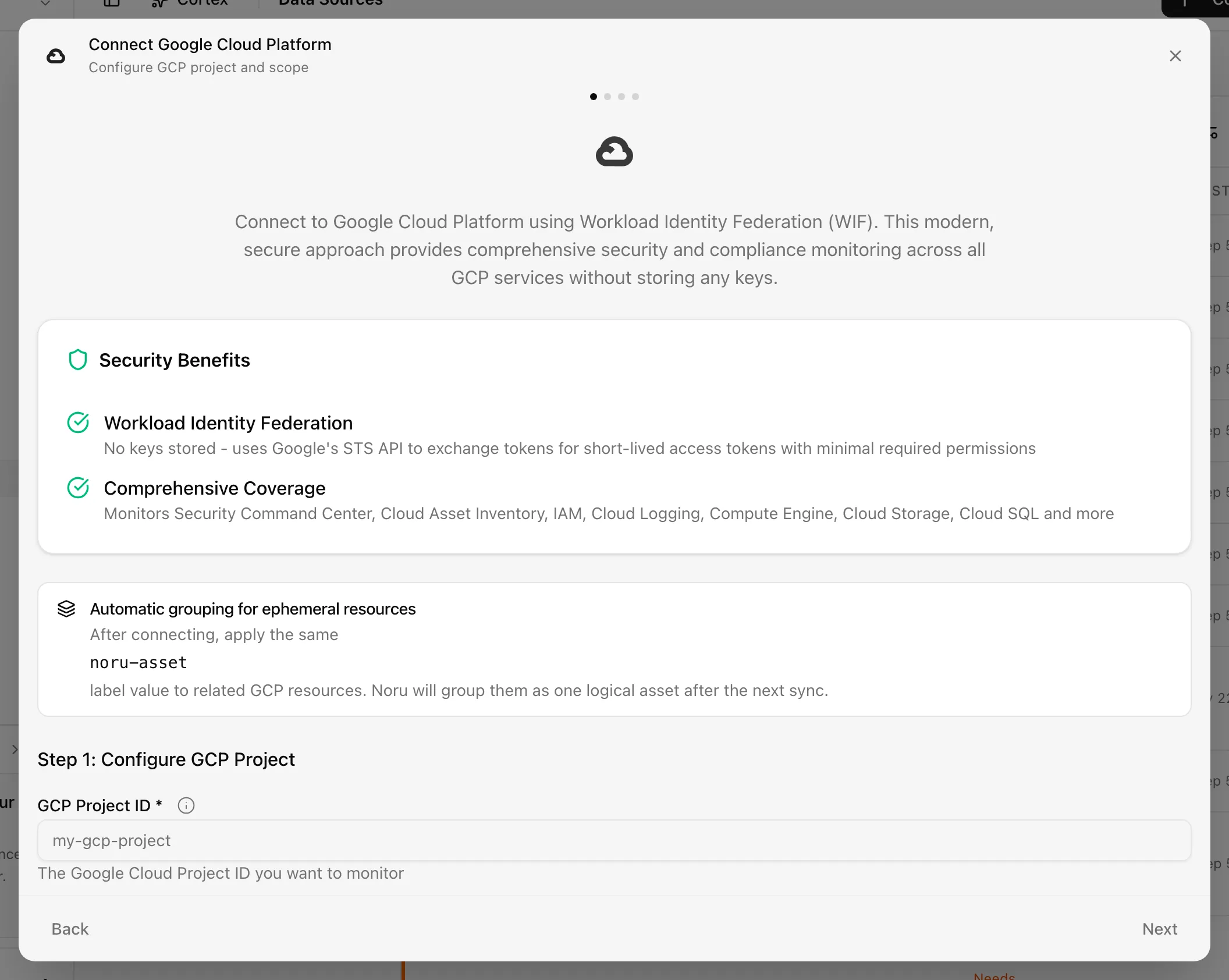 Connect Google Cloud Platform dialog on the WIF Setup step with the Copy Script button