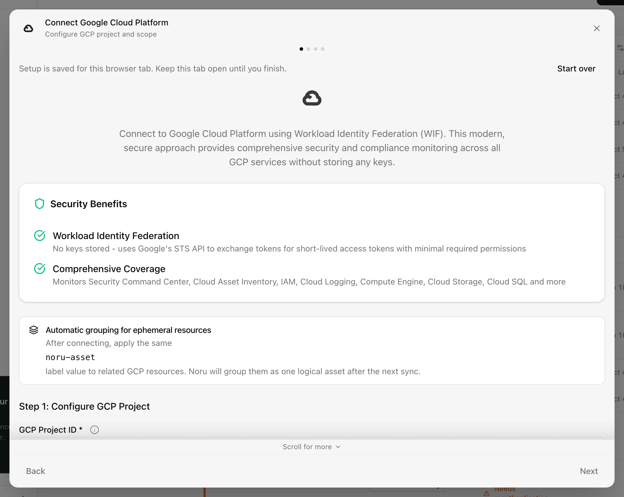 Connect Google Cloud Platform dialog on the WIF Setup step with the Copy Script button