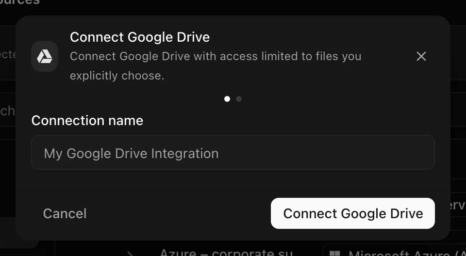 Connect Google Drive dialog with the connection name field