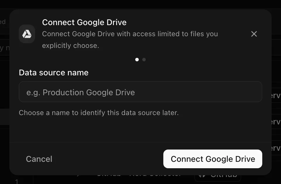 Connect Google Drive dialog with the Data source name field