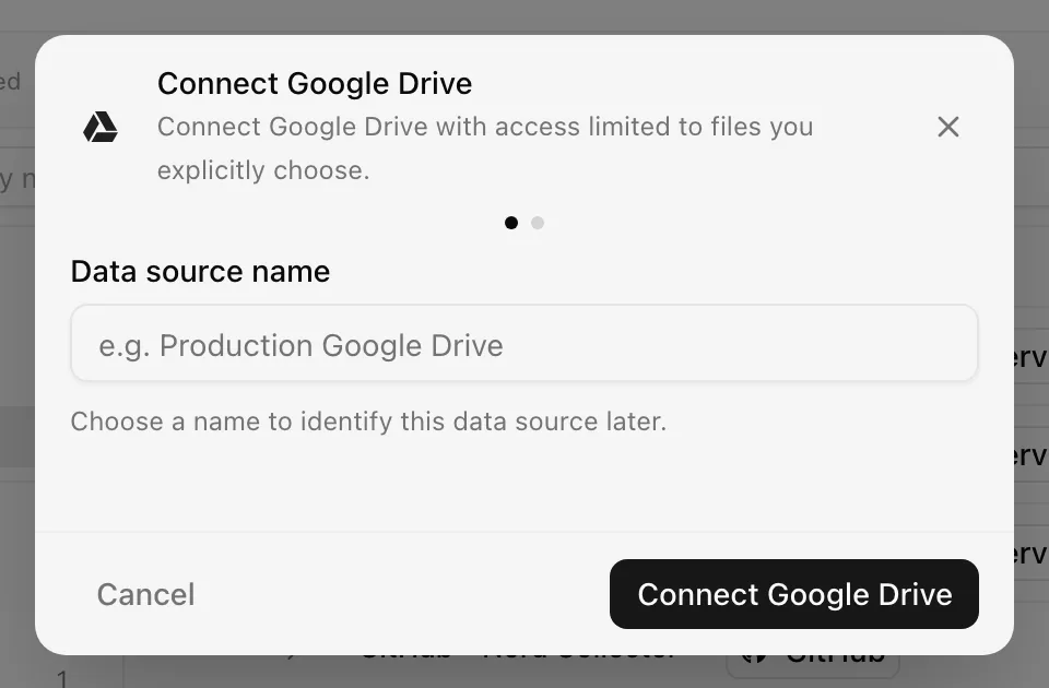 Connect Google Drive dialog with the connection name field