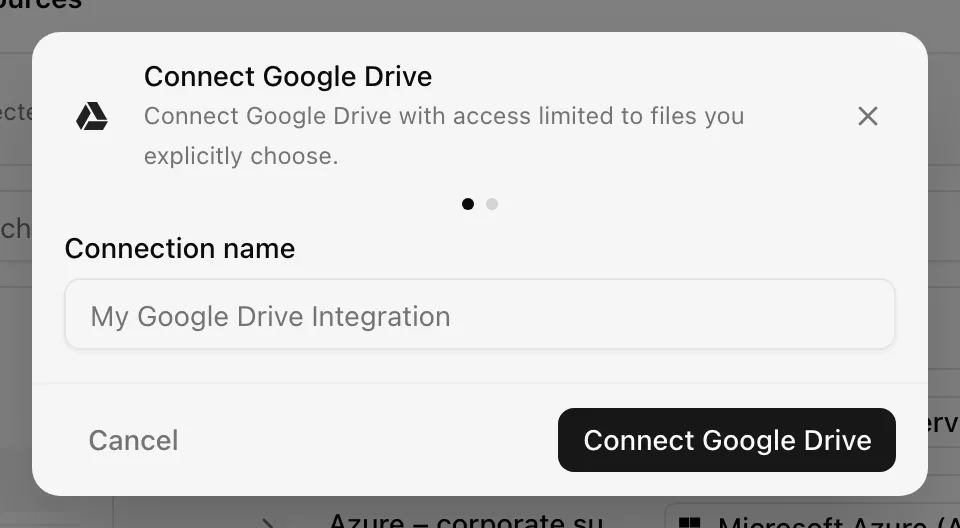Connect Google Drive dialog with the connection name field