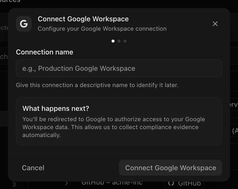 Connect Google Workspace dialog before consent