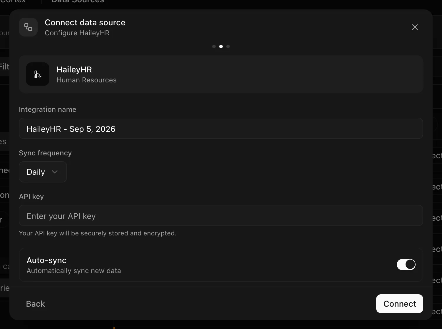 HaileyHR connection form with name, API key, and sync frequency