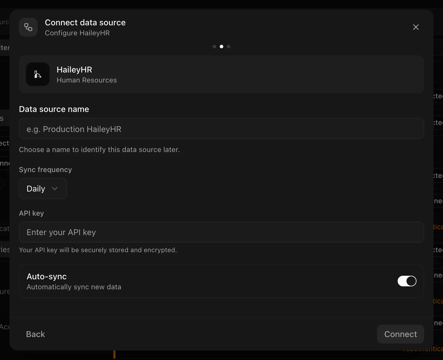 HaileyHR connection form with name, API key, and sync frequency