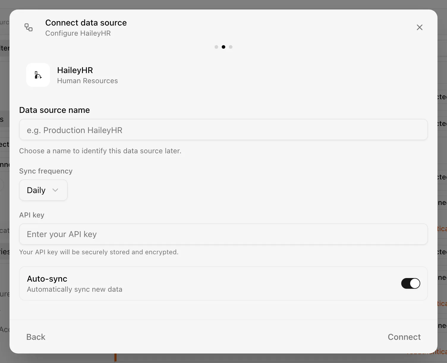 HaileyHR connection form with name, API key, and sync frequency