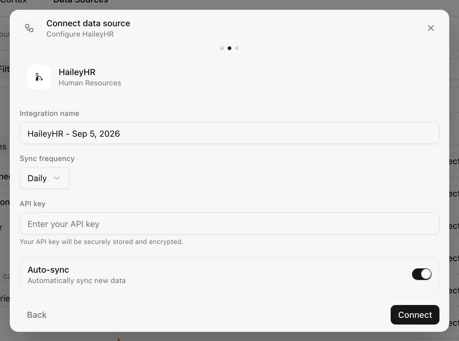 HaileyHR connection form with name, API key, and sync frequency