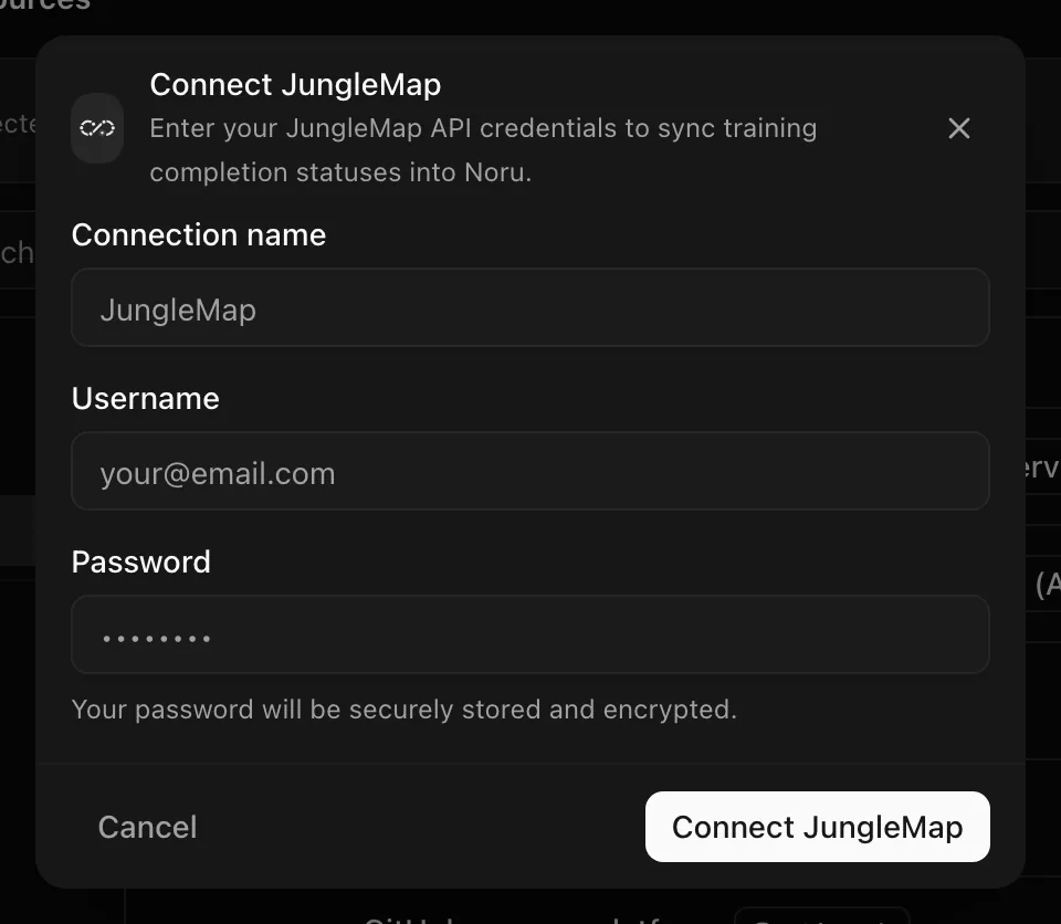 Connect JungleMap dialog with username and password fields