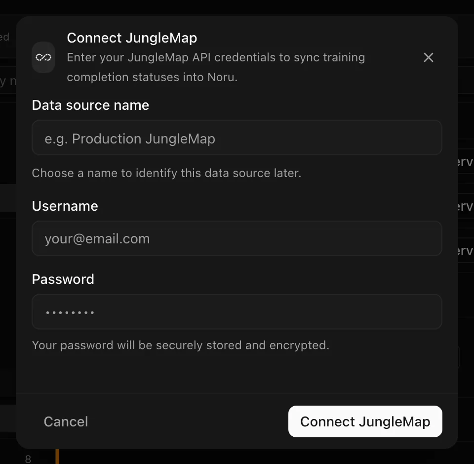 Connect JungleMap dialog with username and password fields