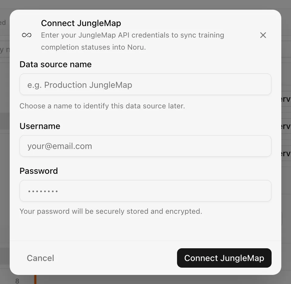 Connect JungleMap dialog with username and password fields