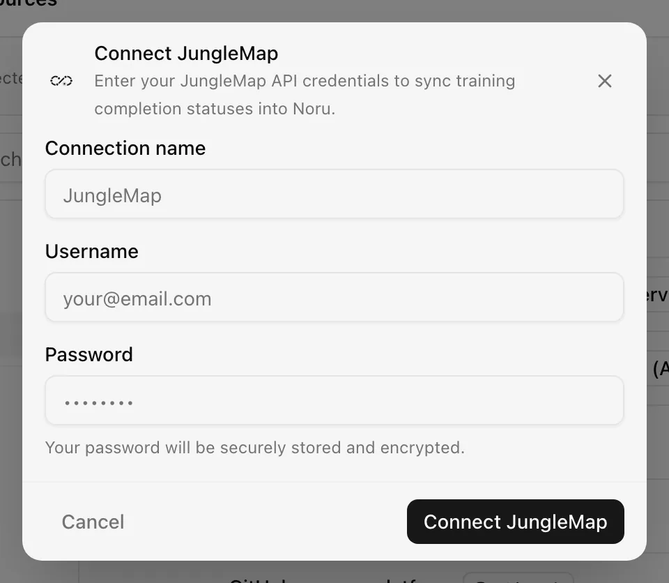 Connect JungleMap dialog with username and password fields
