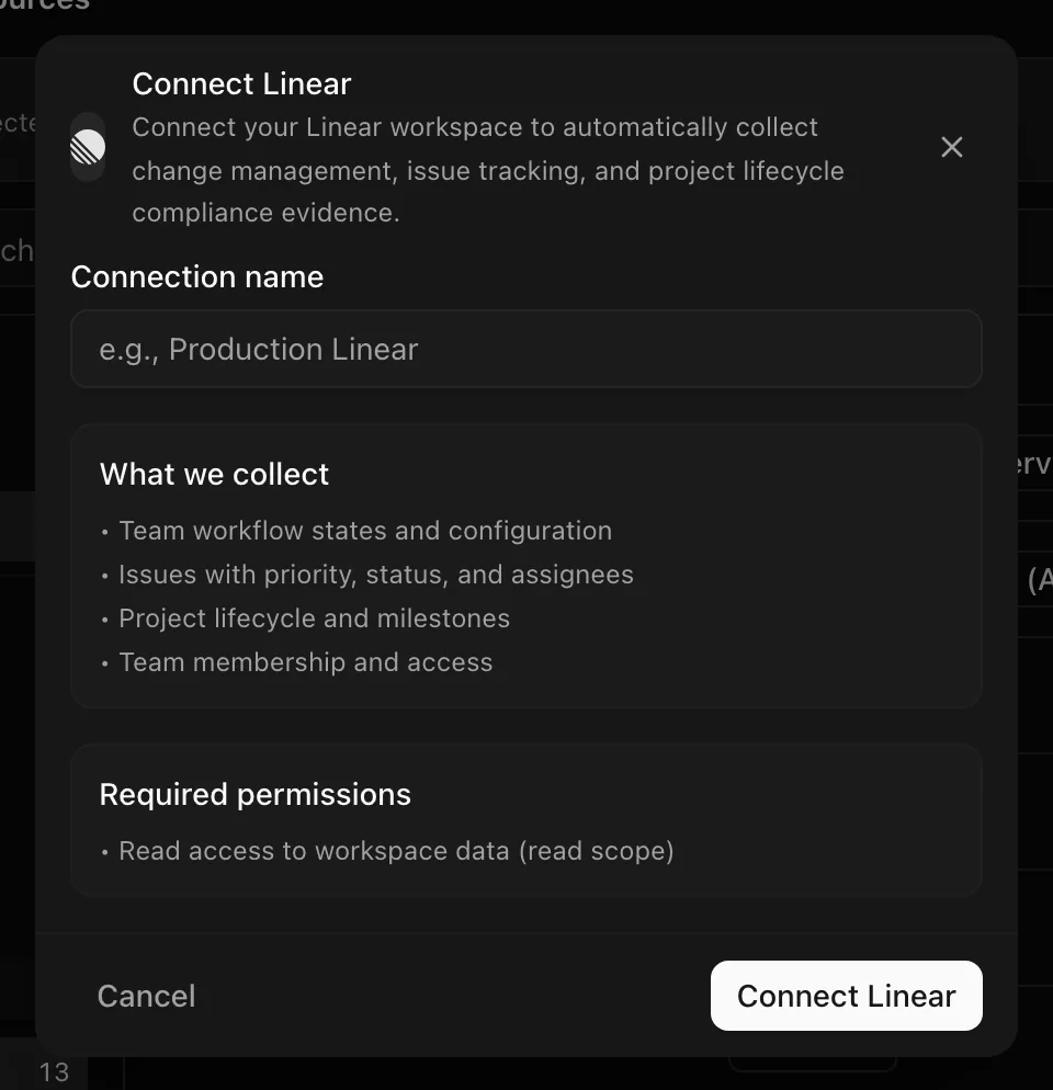 Connect Linear dialog listing collected data and required permissions