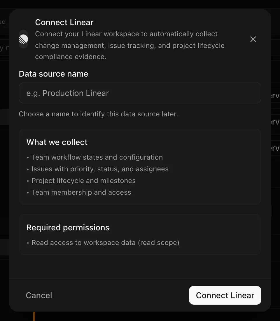 Connect Linear dialog listing collected data and required permissions