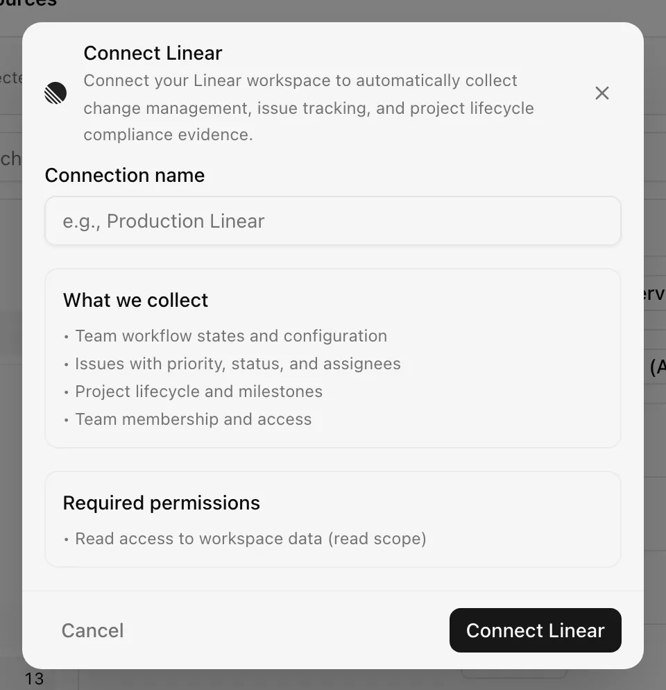Connect Linear dialog listing collected data and required permissions