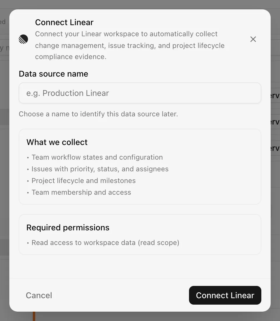 Connect Linear dialog listing collected data and required permissions