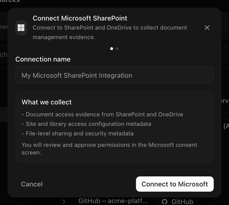 Connect Microsoft SharePoint dialog before consent