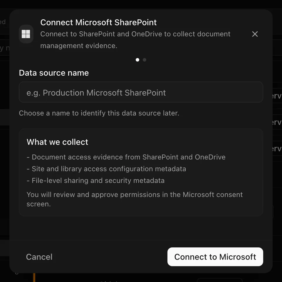 Connect Microsoft SharePoint dialog before consent