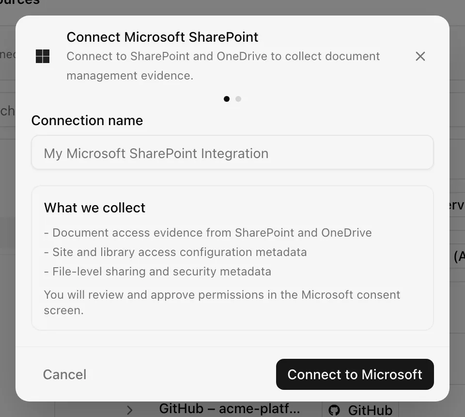 Connect Microsoft SharePoint dialog before consent