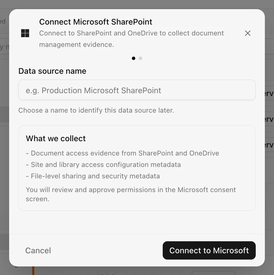 Connect Microsoft SharePoint dialog before consent