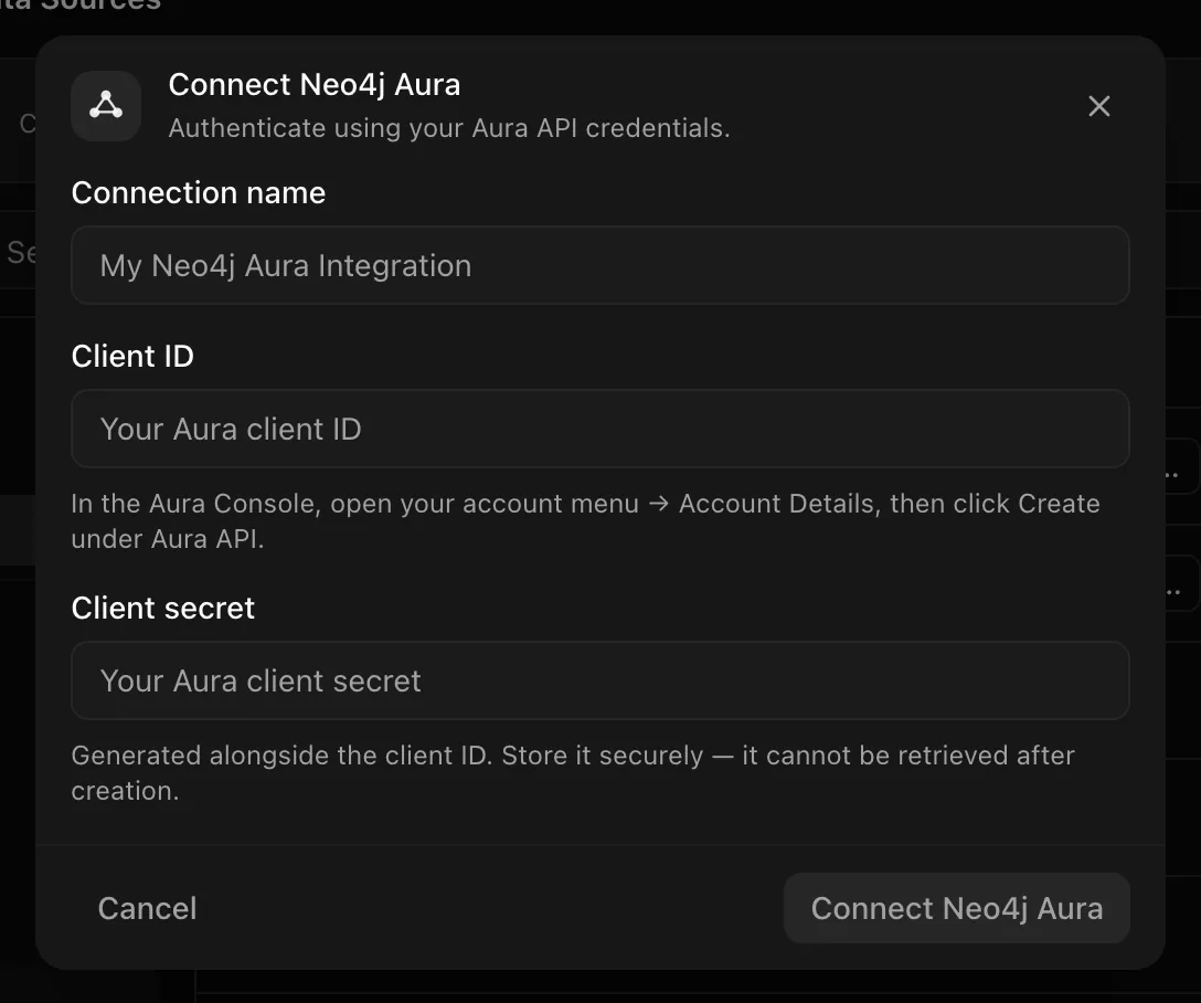 Connect Neo4j Aura dialog with client id and client secret