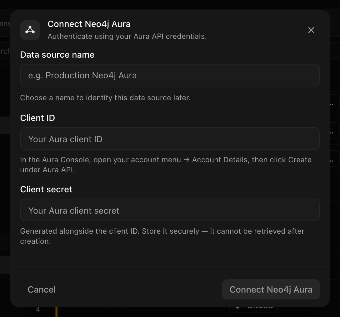 Connect Neo4j Aura dialog with client id and client secret