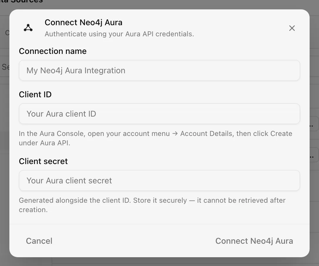 Connect Neo4j Aura dialog with client id and client secret