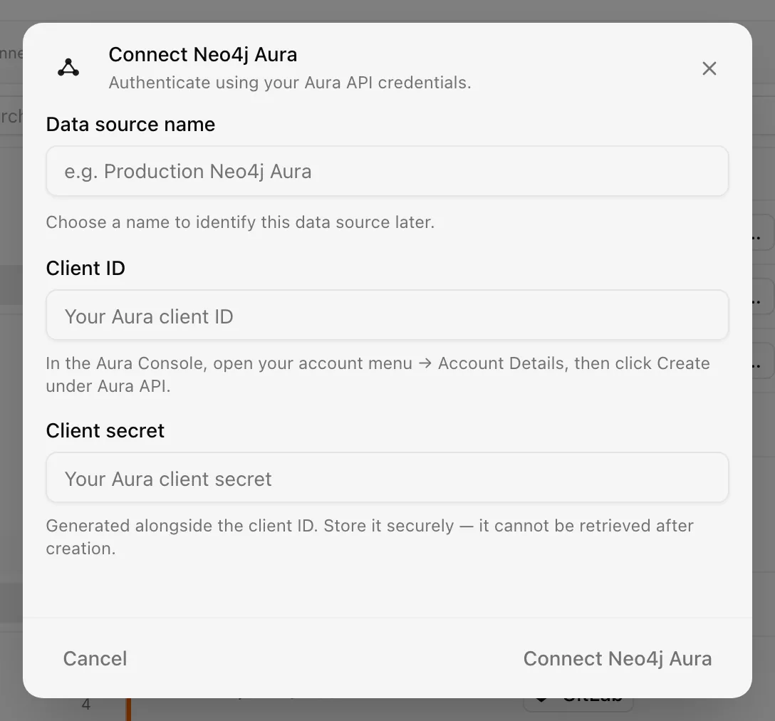 Connect Neo4j Aura dialog with client id and client secret