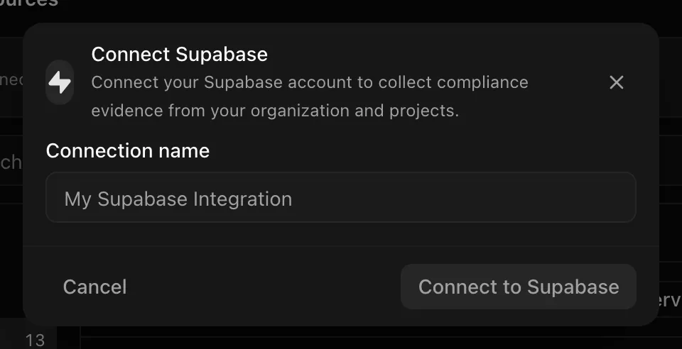 Connect Supabase dialog with connection name