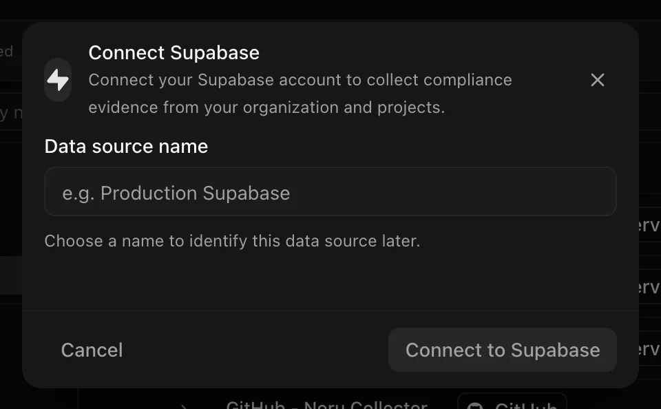 Connect Supabase dialog with Data source name