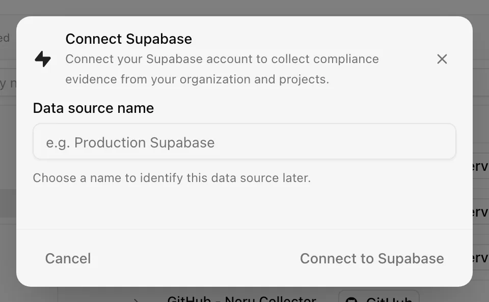 Connect Supabase dialog with connection name