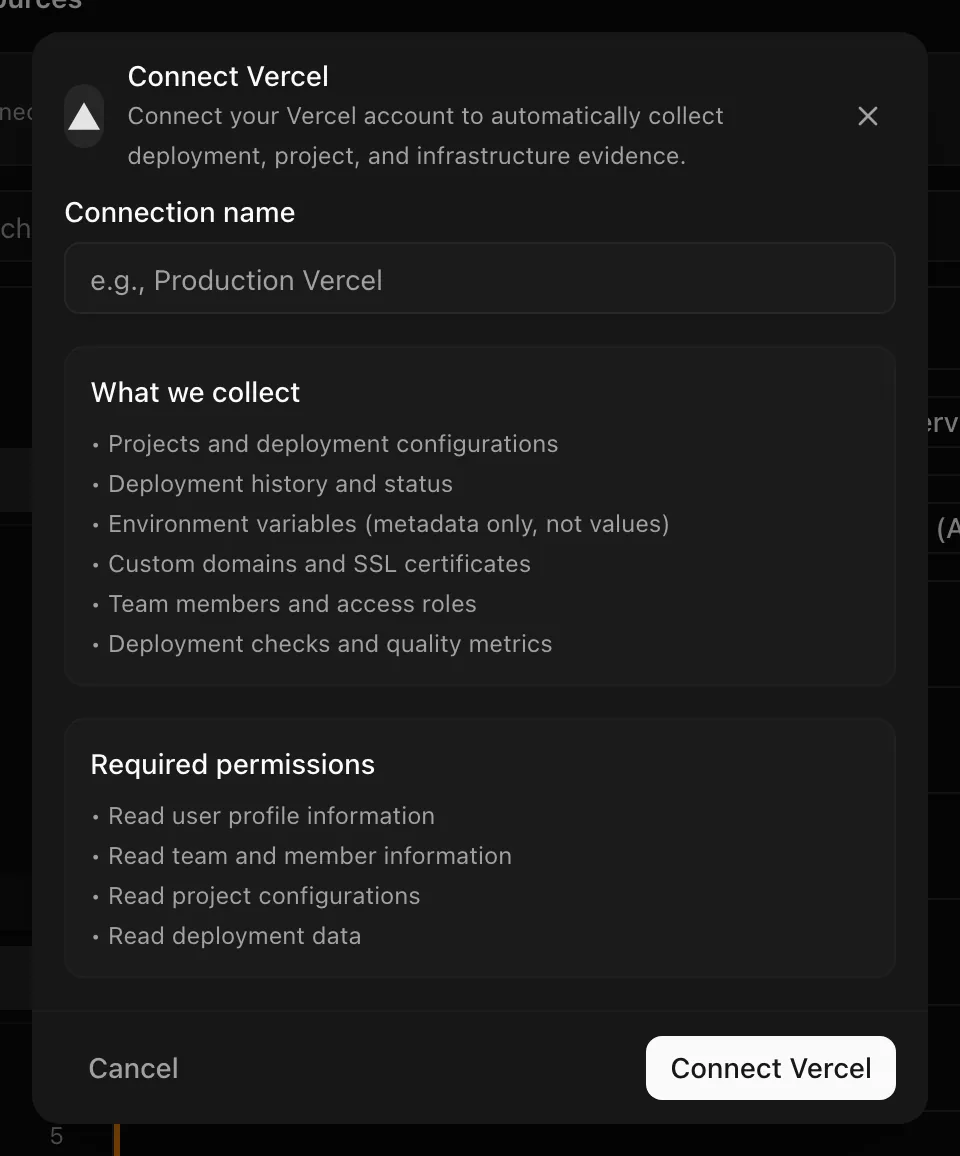 Connect Vercel dialog listing what is collected and required permissions