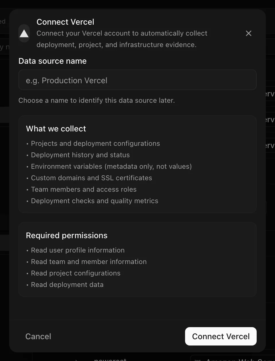 Connect Vercel dialog listing what is collected and required permissions