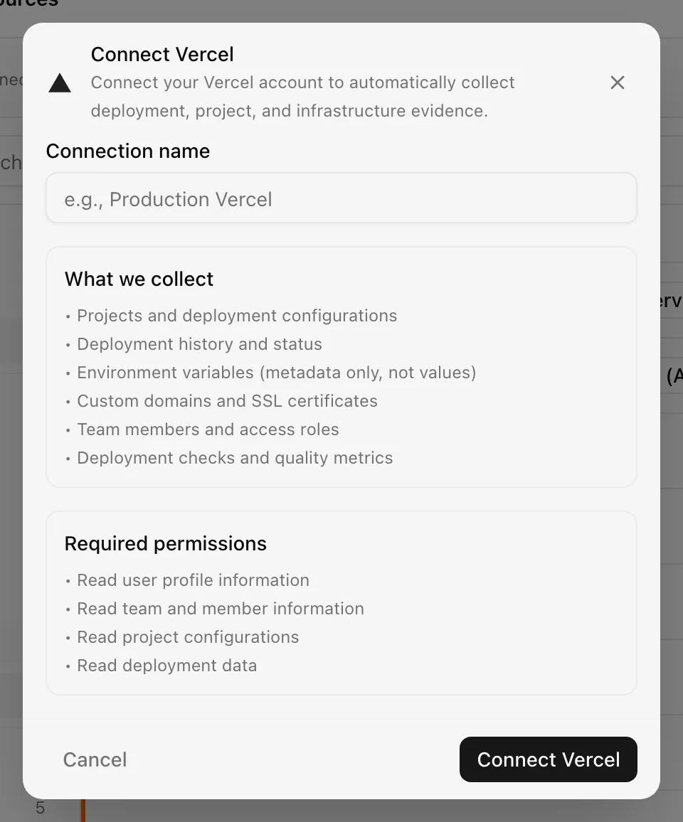 Connect Vercel dialog listing what is collected and required permissions