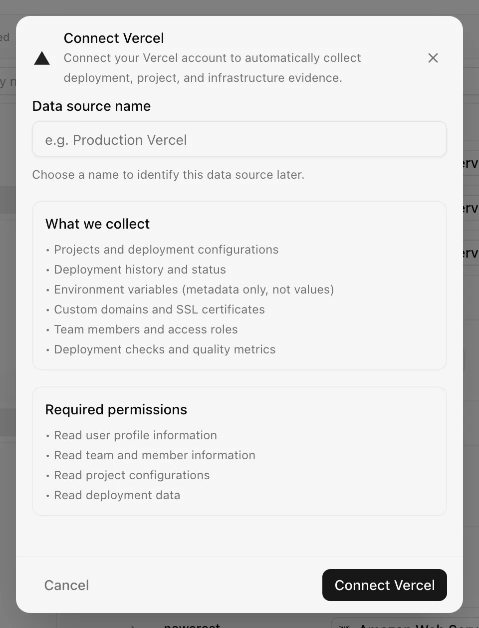 Connect Vercel dialog listing what is collected and required permissions