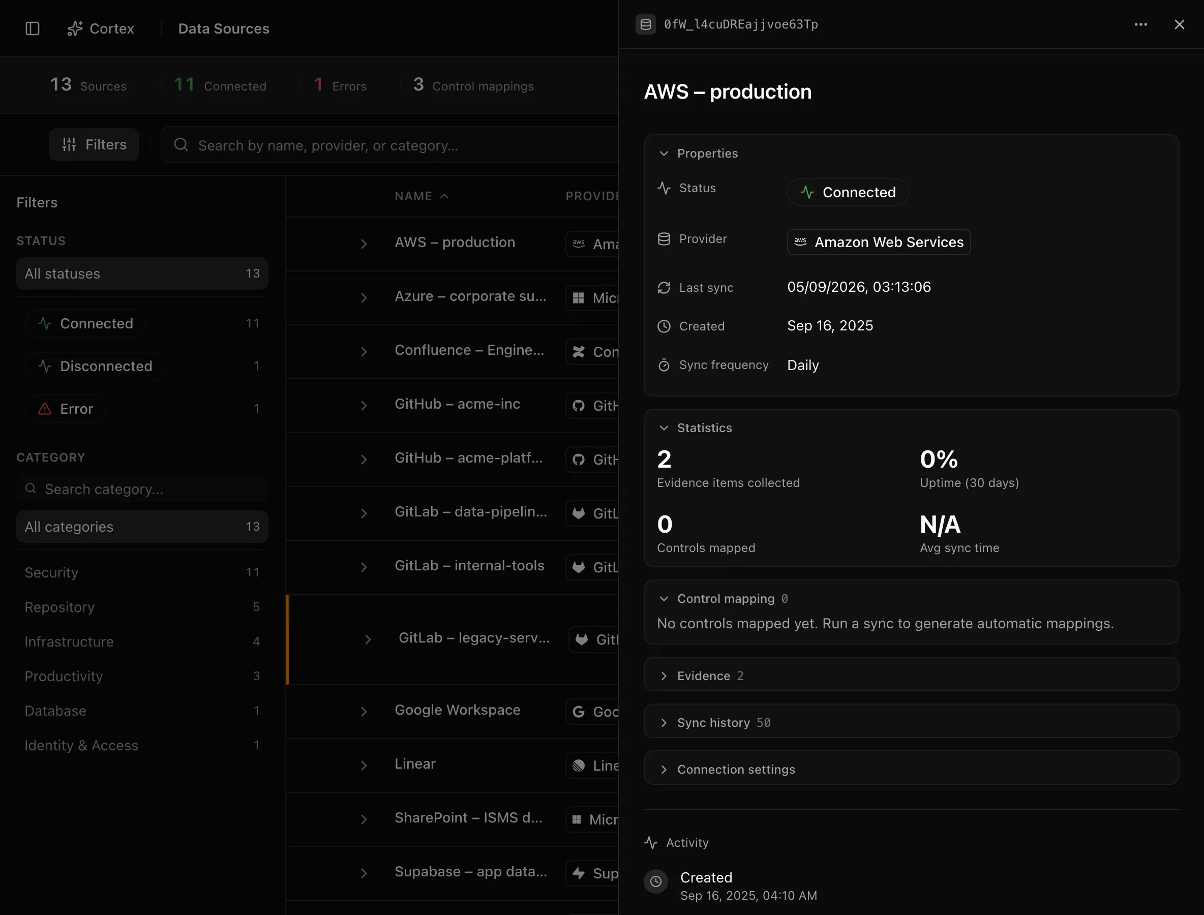 A data source detail drawer with Properties, Statistics, Control mapping, and Sync history