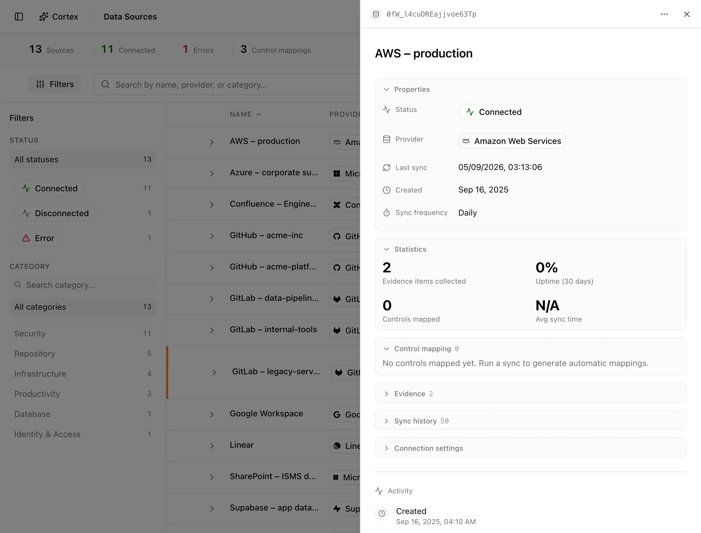A data source detail drawer with Properties, Statistics, Control mapping, and Sync history