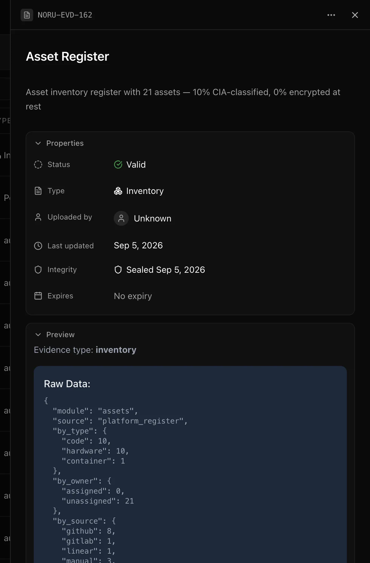 The evidence detail drawer with properties, the integrity row, a preview, and linked controls