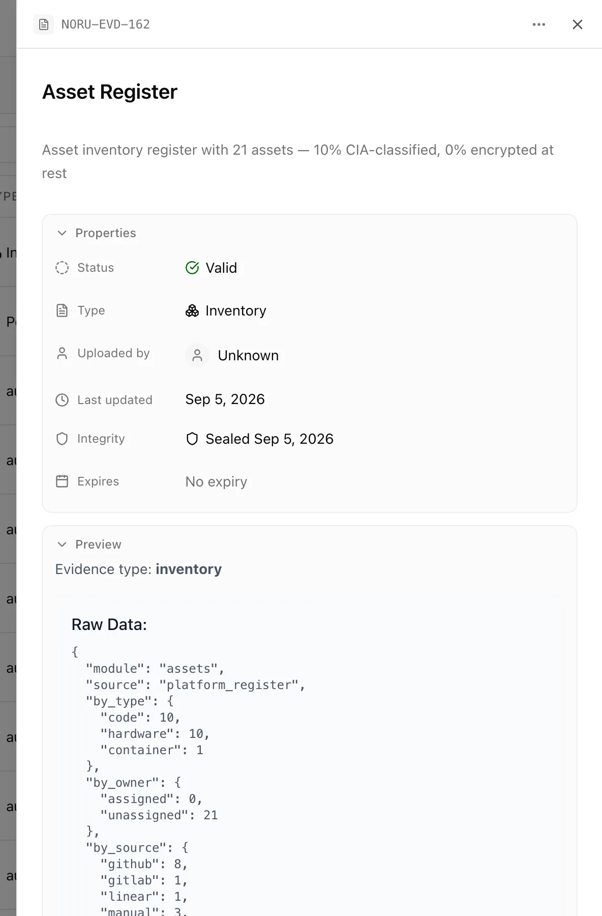The evidence detail drawer with properties, the integrity row, a preview, and linked controls