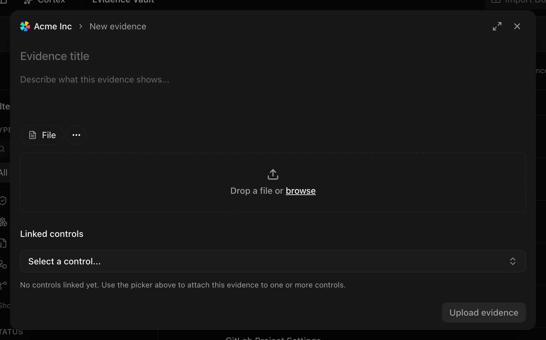The upload dialog with title, description, File, Link, and Note tabs, and the linked controls search