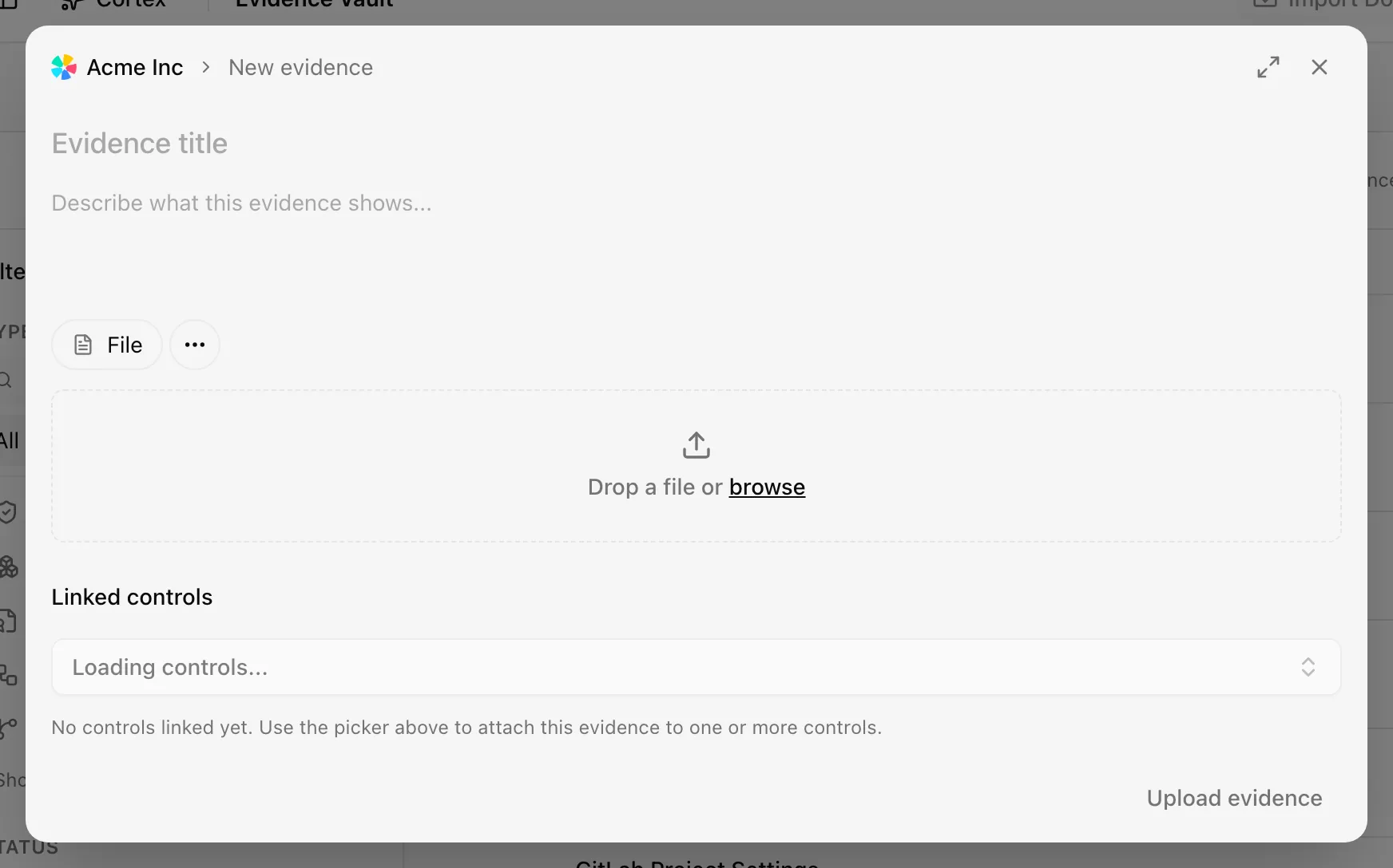 The upload dialog with title, description, File, Link, and Note tabs, and the linked controls search