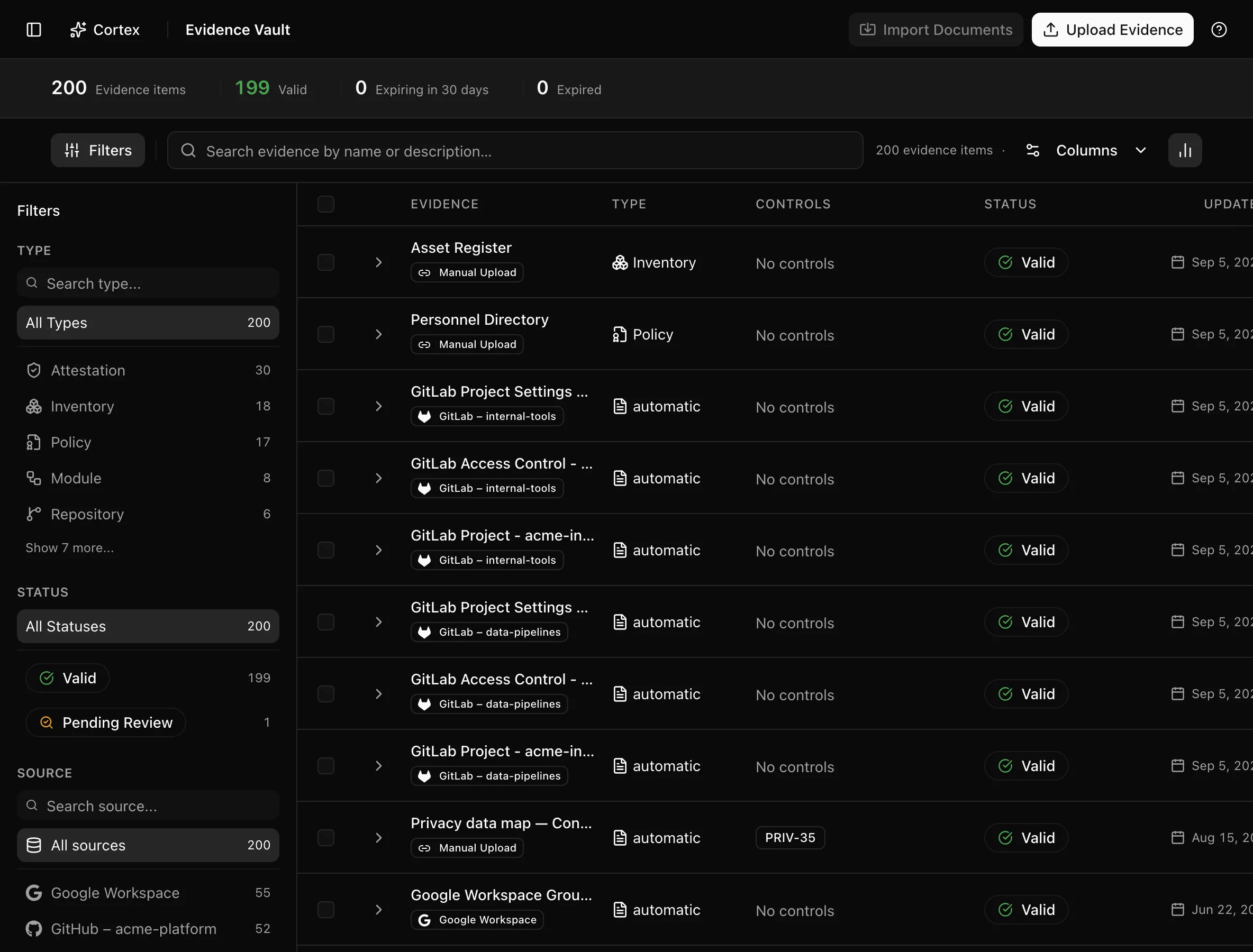 The evidence vault with the Integration column showing rows from a connected source