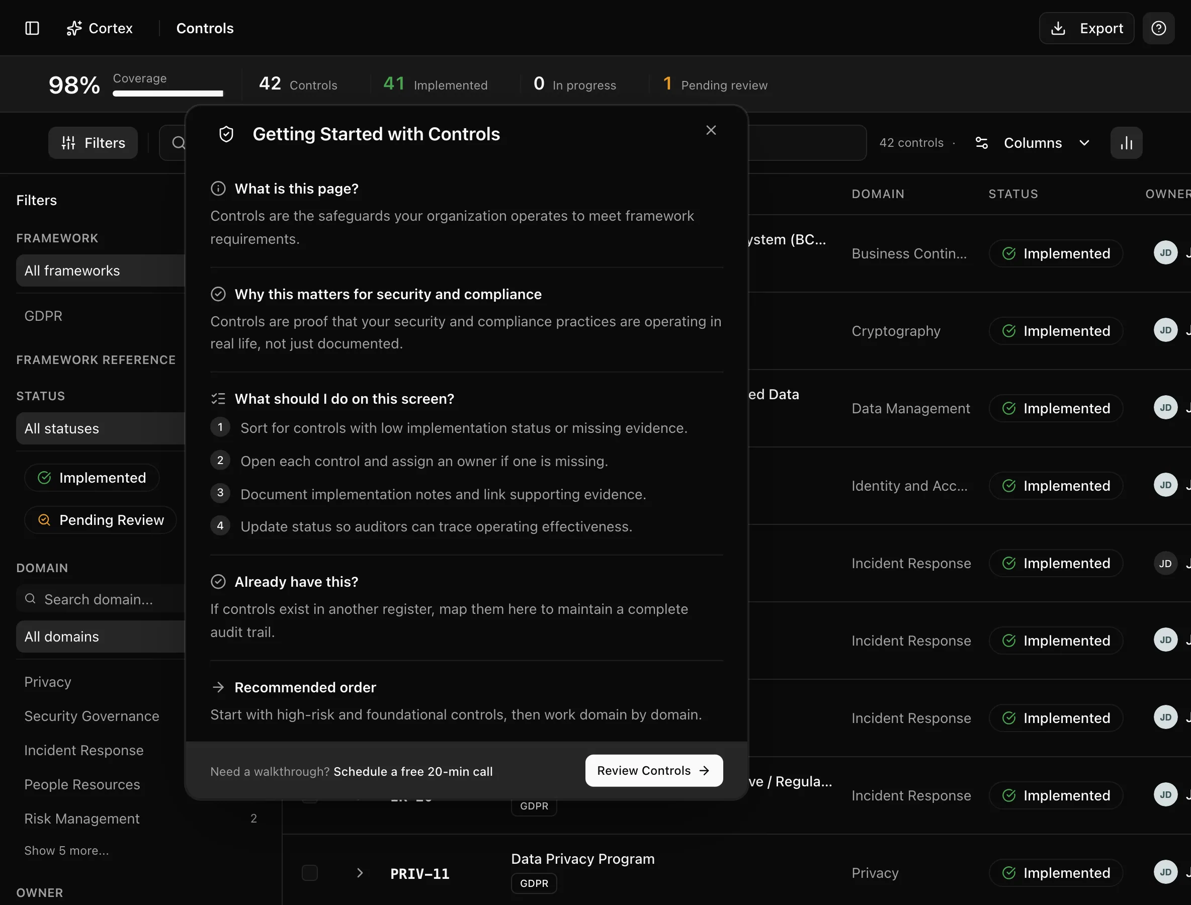The Getting Started panel open on the Controls page with numbered steps and a Review Controls button