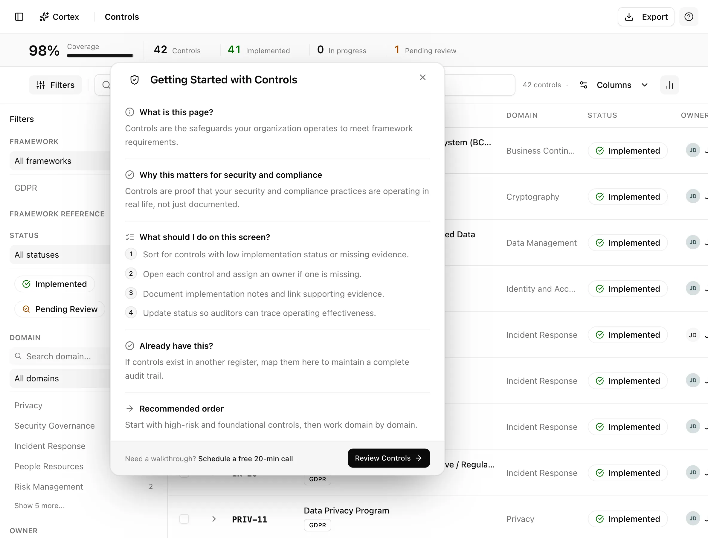 The Getting Started panel open on the Controls page with numbered steps and a Review Controls button