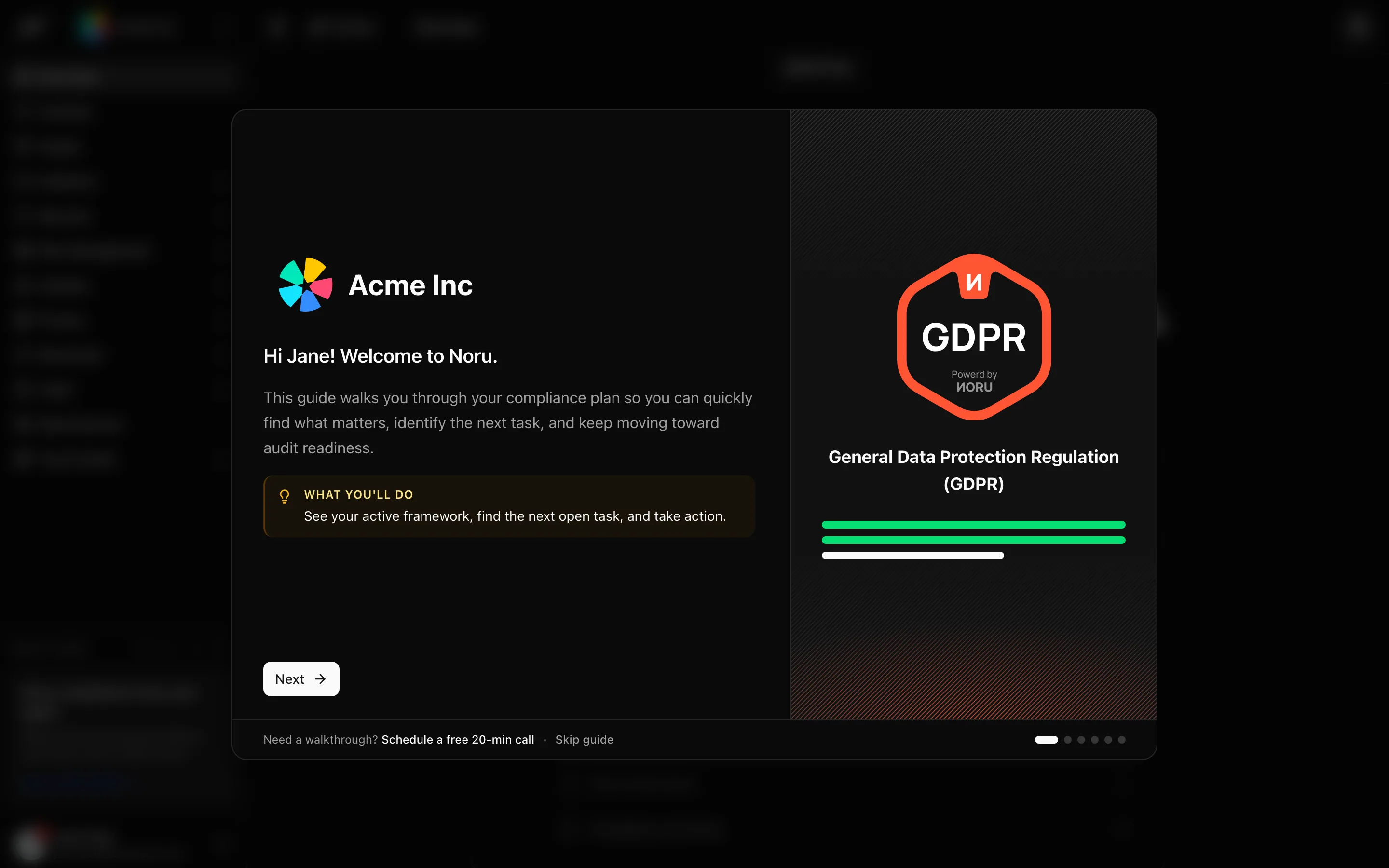 The six-step welcome guide modal open over the dashboard