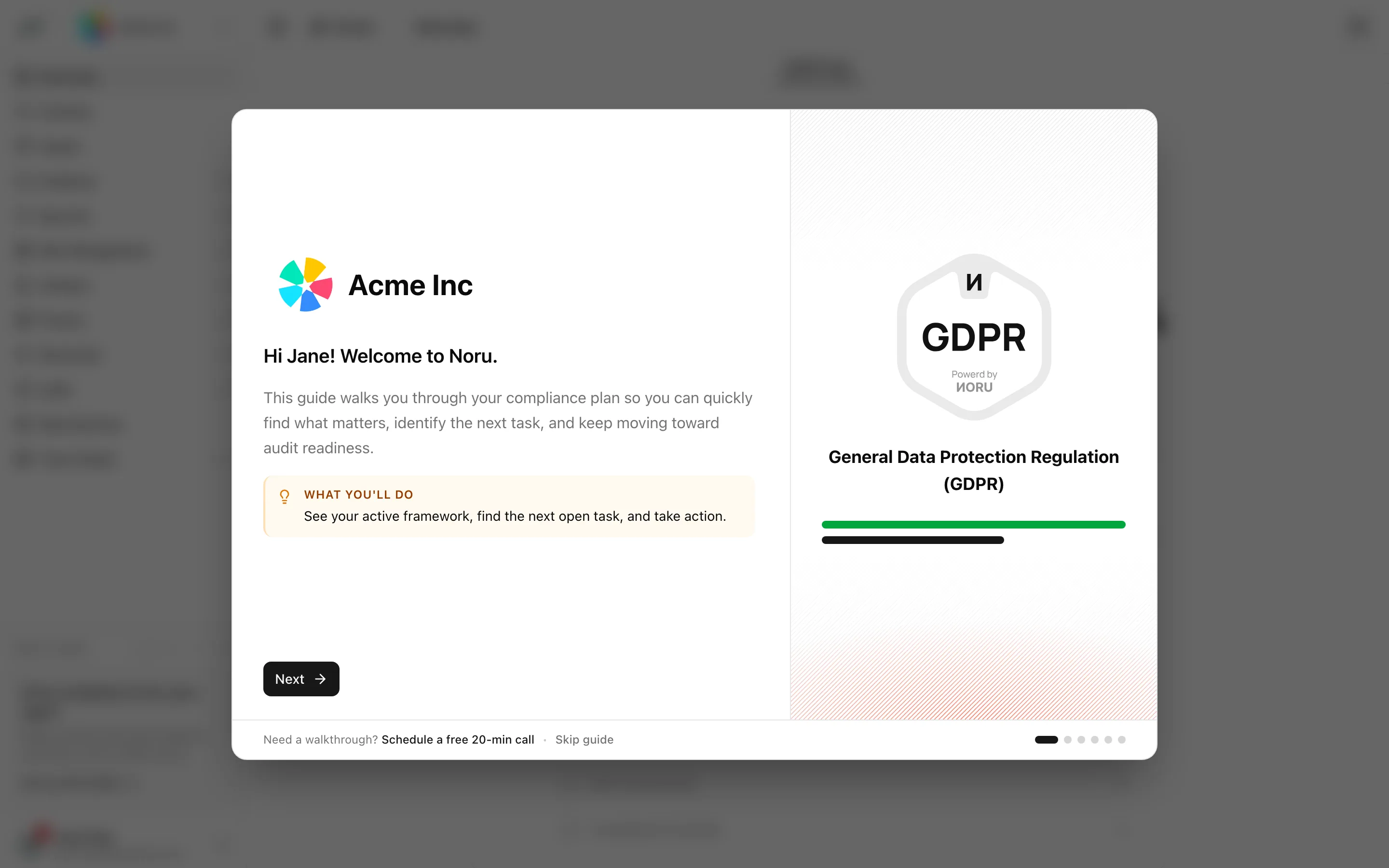 The six-step welcome guide modal open over the dashboard