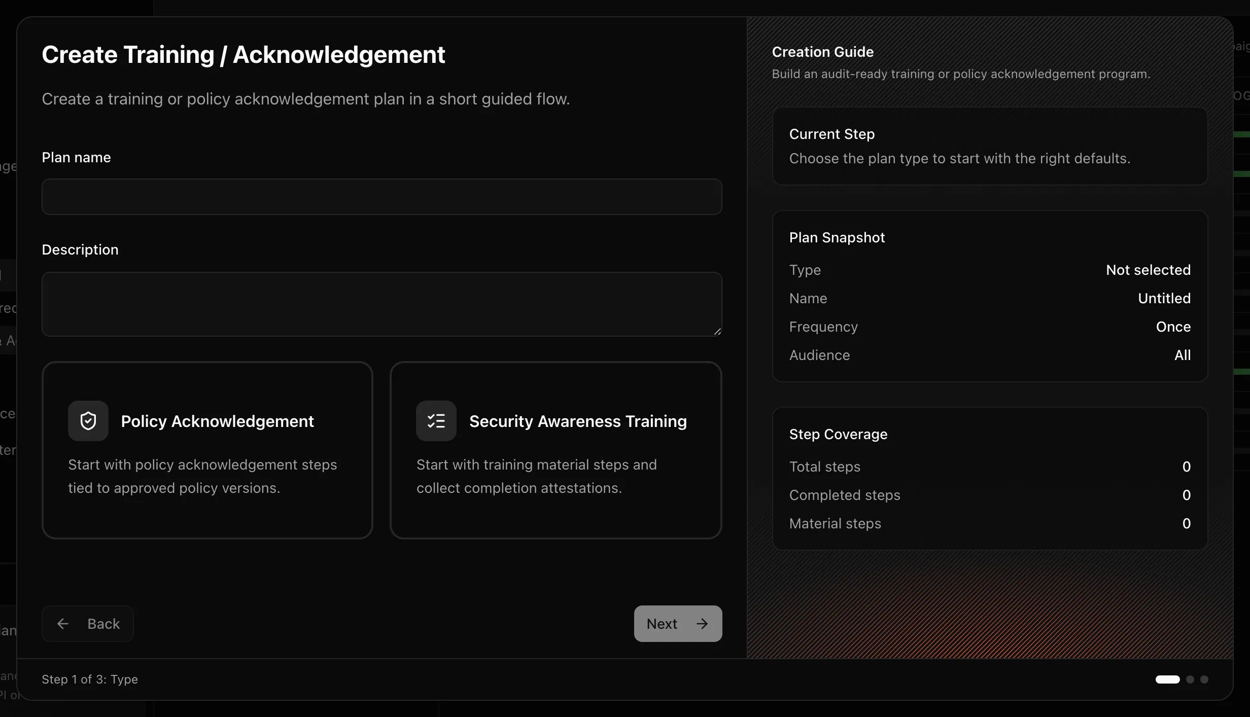 The create campaign dialog on the Details step with a step list and the audience selector