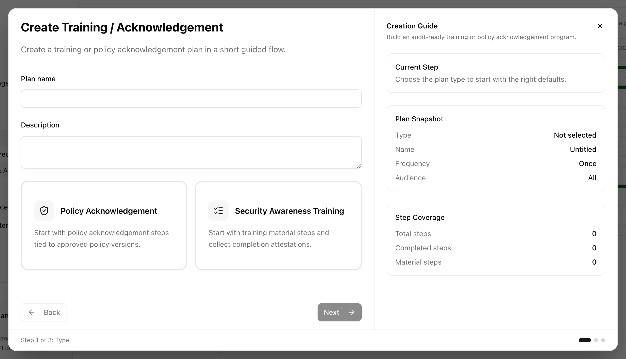 The create campaign dialog on the Details step with a step list and the audience selector